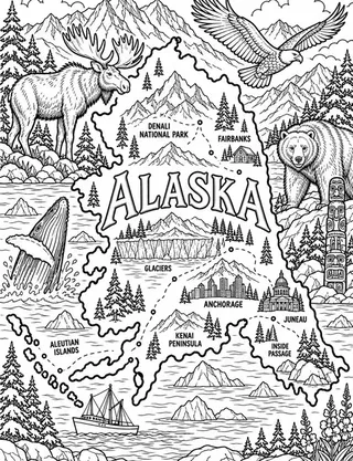 Illustrated travel map of Alaska landmarks and attractions