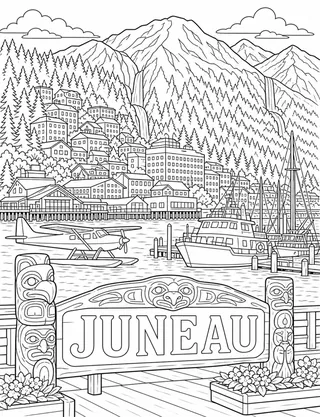 Juneau Alaska coloring page with detailed line art