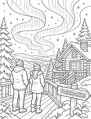 Detailed coloring page of Northern Lights featuring Fairbanks sign