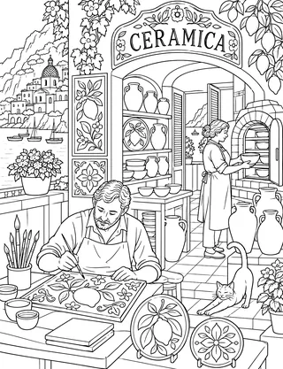 Detailed coloring page of Vietri ceramic workshop featuring Ceramica sign