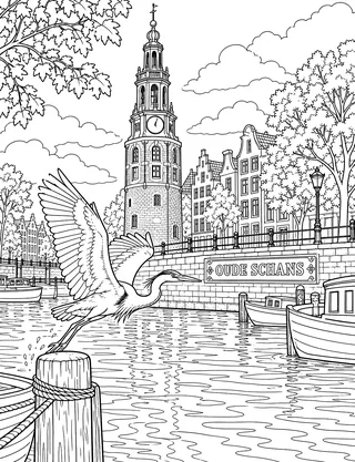 Detailed coloring page of Montelbaanstoren Waterscape