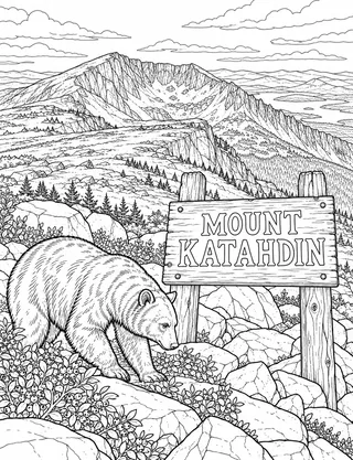 Detailed coloring page of Mount Katahdin Baxter Peak Northern Terminus featuring Mount Katahdin sign
