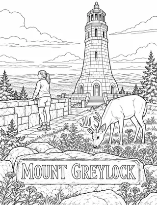 Detailed coloring page of Mount Greylock Summit and Veterans Memorial Tower featuring Mount Greylock sign