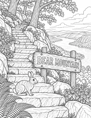 Detailed coloring page of Bear Mountain Historic Stone Trail and Hudson Valley featuring Bear Mountain sign