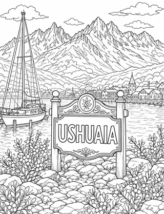 Detailed coloring page of Ushuaia harbor featuring Ushuaia sign