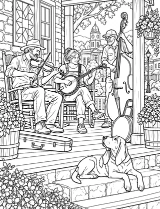 Detailed coloring page of Mountain View folk music jam