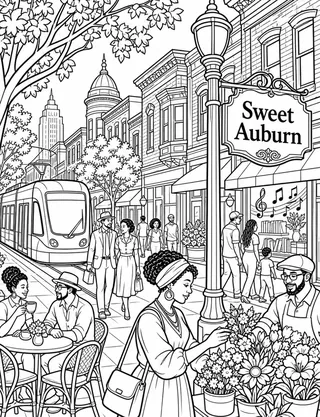 Detailed coloring page of Historic Sweet Auburn streetscape with brick buildings featuring Sweet Auburn sign