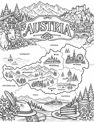 Illustrated travel map of Austria landmarks and attractions