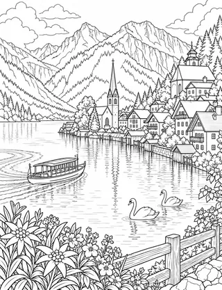 Detailed coloring page of Hallstatt village and lake
