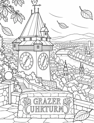 Detailed coloring page of Graz Clock Tower and Schlossberg roofs featuring Grazer Uhrturm sign