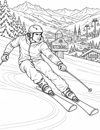 Detailed coloring page of Kitzbühel downhill skiing featuring Kitzbühel sign