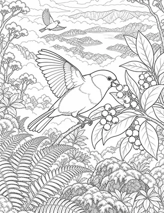 Detailed coloring page of Large Azores bullfinch feeding in native laurel