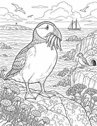 Detailed coloring page of Atlantic puffins nesting on offshore rocky ledges