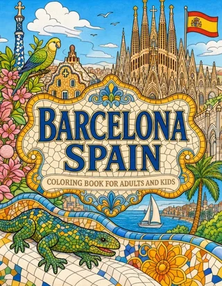 Barcelona Coloring Book for Adults cover illustration by Louisa May Carson
