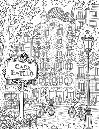 Casa Batlló Barcelona coloring page with detailed line art