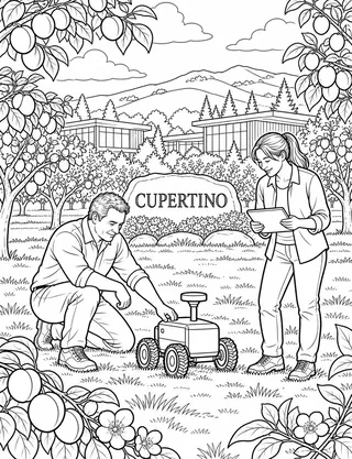 Detailed coloring page of Cupertino orchard-to-tech maker day featuring Cupertino sign