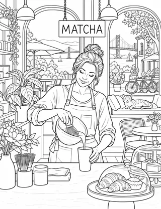 Detailed coloring page of Refined matcha café preparation featuring Matcha sign