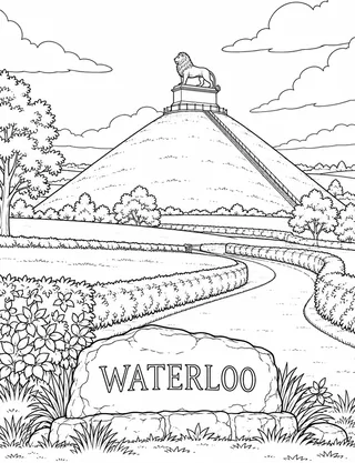 Detailed coloring page of Waterloo Lions Mound panoramic ridge featuring Waterloo sign
