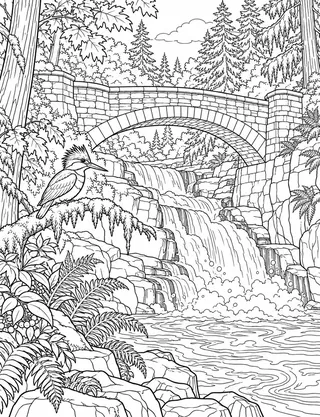 Detailed coloring page of Whatcom Falls Park historic sandstone bridge and waterfall