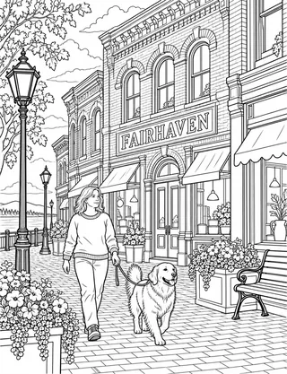Detailed coloring page of Fairhaven Historic District Victorian streetscape featuring Fairhaven sign