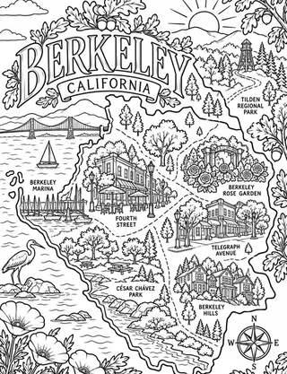 Illustrated travel map of Berkeley landmarks and attractions