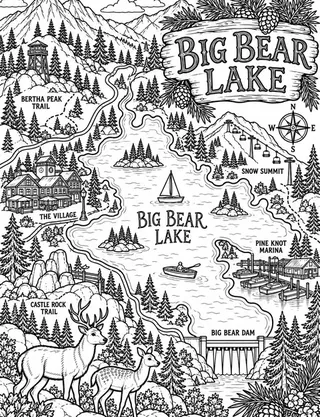 Illustrated travel map of Big Bear landmarks and attractions
