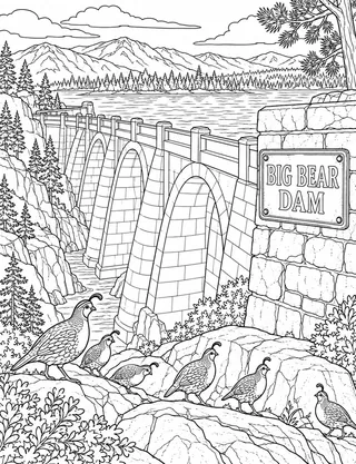 Detailed coloring page of Historic Big Bear Dam and Eastwood Arches