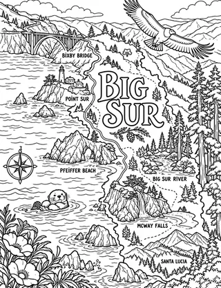Illustrated travel map of Big Sur landmarks and attractions