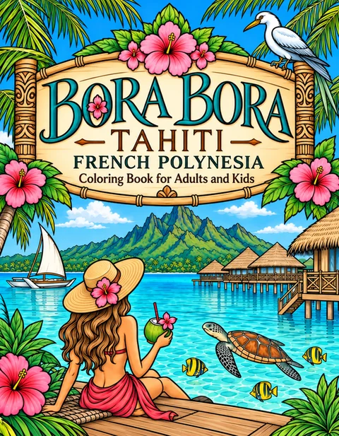 Bora Bora Coloring Book for Adults cover illustration by Louisa May Carson