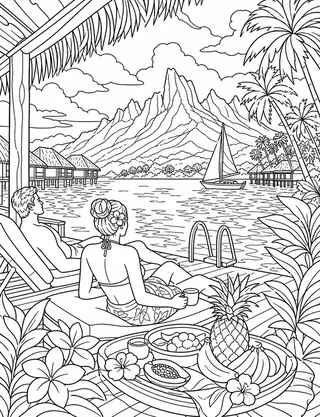 Detailed coloring page of Bungalow-breakfast-terrace