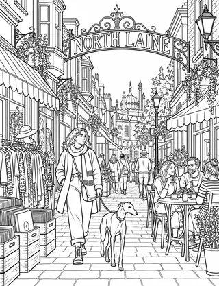 Detailed colouring page of North Laine Bohemian Market Street featuring North Laine sign