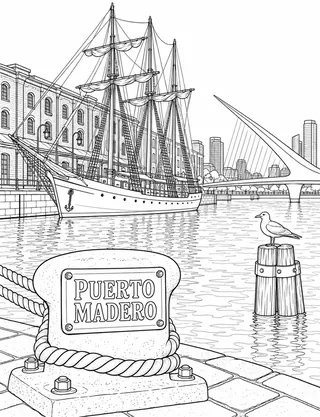 Detailed coloring page of Puerto Madero historic docklands and schooner featuring Puerto Madero sign