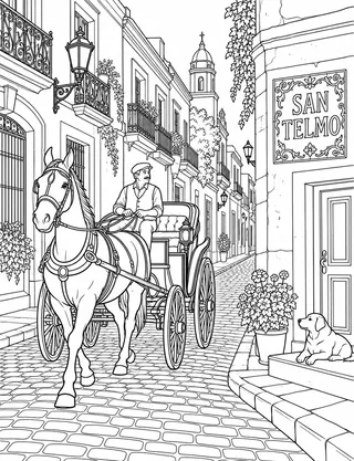 Detailed coloring page of Horse-drawn carriage on San Telmo cobblestones featuring San Telmo sign