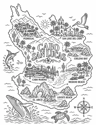 Illustrated travel map of Cabo landmarks and attractions