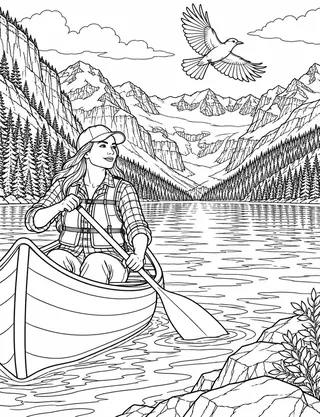 Detailed colouring page of Lake Louise Alberta Canoe