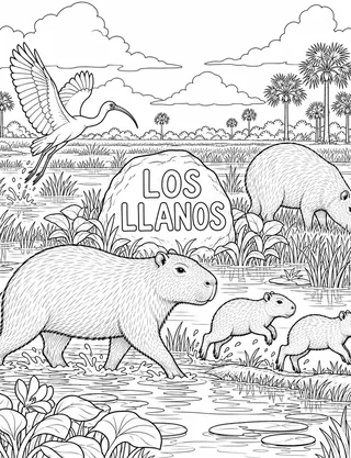 Los Llanos Capybara coloring page with detailed line art