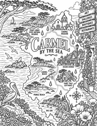 Illustrated travel map of Carmel landmarks and attractions