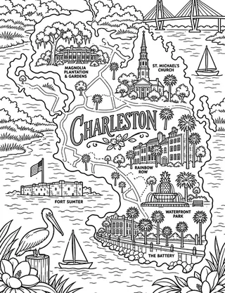 Illustrated travel map of Charleston landmarks and attractions