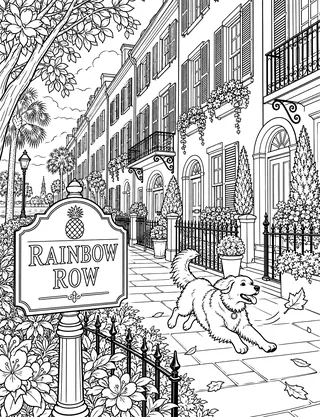 Detailed coloring page of Rainbow Row East Bay Street featuring Rainbow Row sign