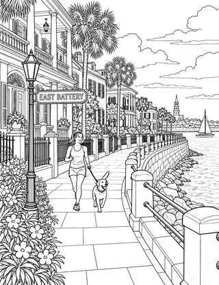 Detailed coloring page of High Battery Promenade featuring East Battery sign