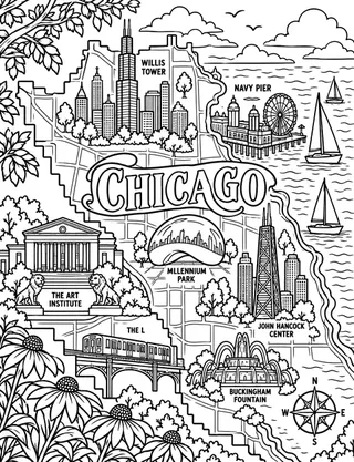 Illustrated travel map of Chicago landmarks and attractions