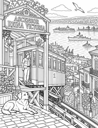 Detailed coloring page of Valparaiso_ascensor_reina_victoria featuring Ascensor Reina Victoria sign