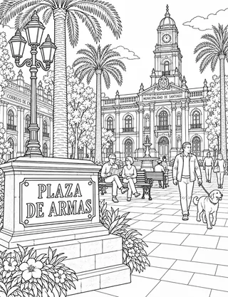 Detailed coloring page of Santiago_plaza_de_armas featuring Plaza De Armas sign