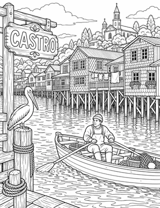 Detailed coloring page of Chiloe_castro_palafitos featuring Castro sign