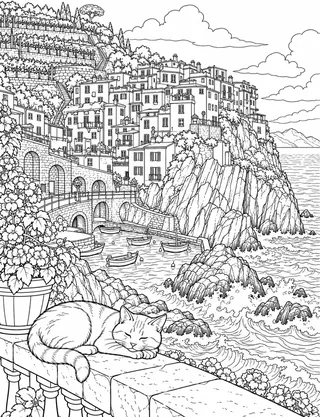 Detailed coloring page of Manarola cliffside village and harbor cove