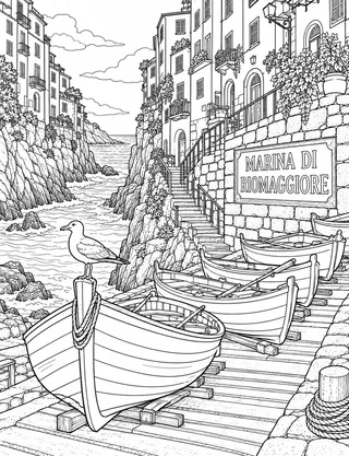 Detailed coloring page of Riomaggiore boat slipway and marina featuring Marina Di Riomaggiore sign