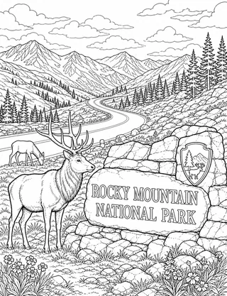Detailed coloring page of Rocky Mountain National Park Trail & Peaks featuring Rocky Mountain National Park sign