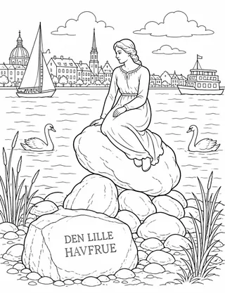 Detailed coloring page of Little Mermaid featuring Den Lille Havfrue sign