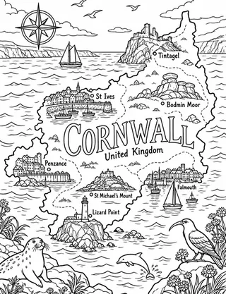 Illustrated travel map of Cornwall landmarks and attractions