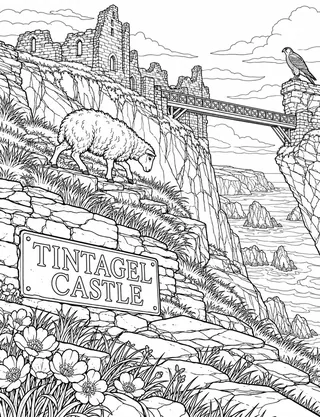 Detailed colouring page of Tintagel Castle Headland featuring Tintagel Castle sign